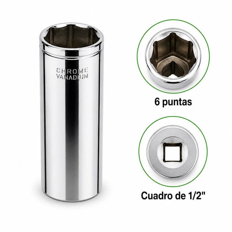 Chrome vanadium socket with 6-point star and 1/2 inch square drive for socket wrenches