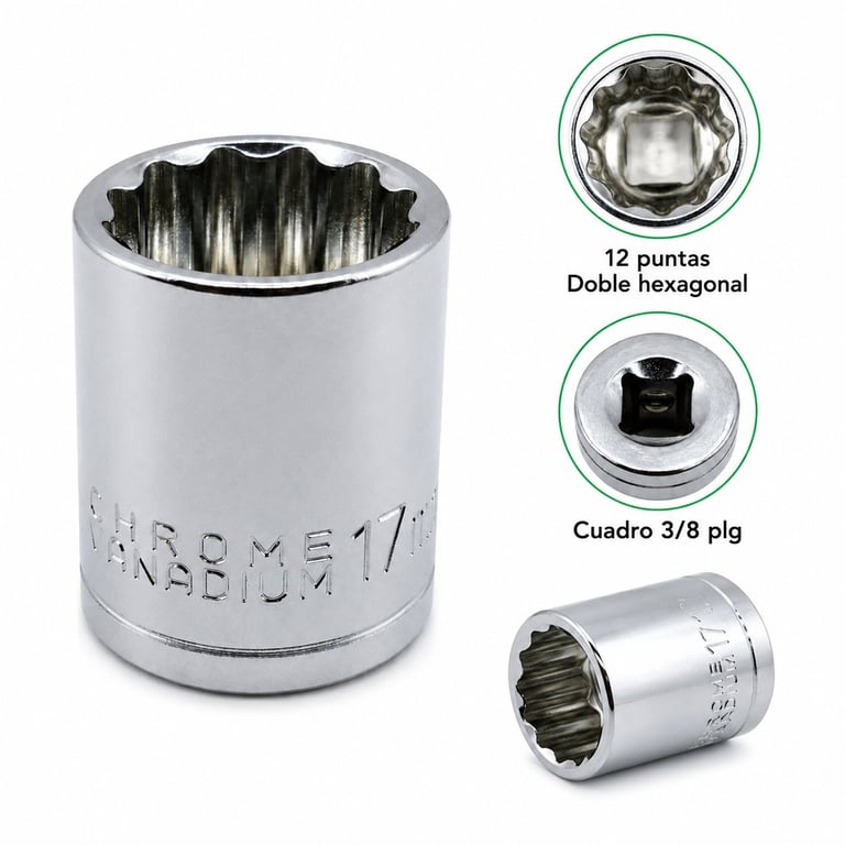 Chrome socket wrench with 12-point double hexagonal head, 3/8 inch drive, shown with labeled detail views of the socket and drive connection.