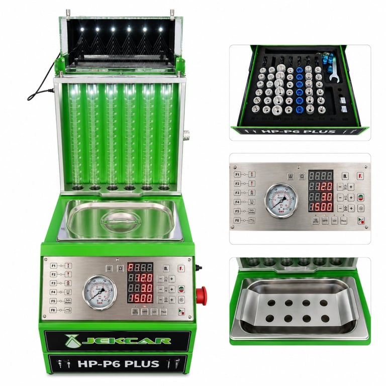 Green fuel injector cleaning machine HP-P6 Plus with digital display, battery holder, and accessories shown from multiple angles