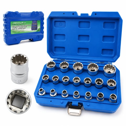Blue socket set with multiple chrome sockets displayed in open carrying case, including close-up views of individual sockets