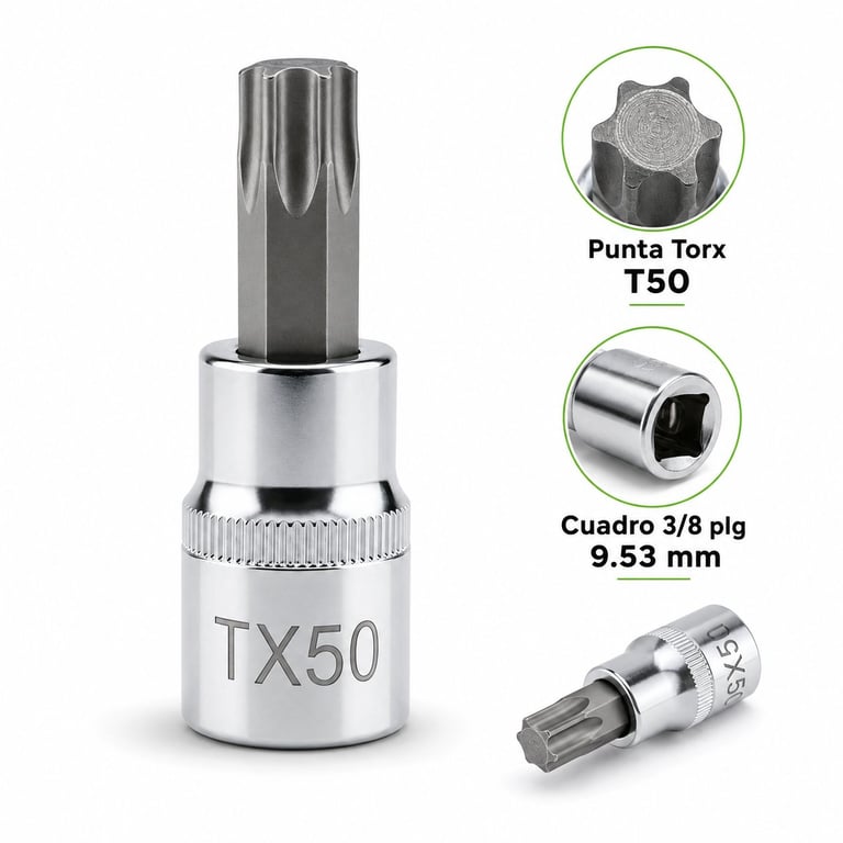 TX50 Torx socket bit with 3/8 inch drive and close-up views of the Torx T50 tip and square drive connector