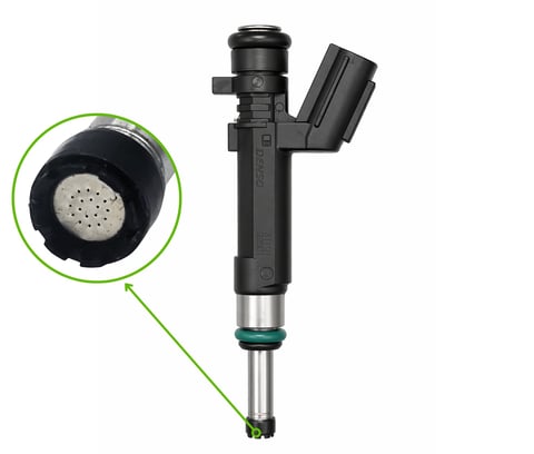 Fuel injector with zoomed view showing internal spray pattern and pintle design