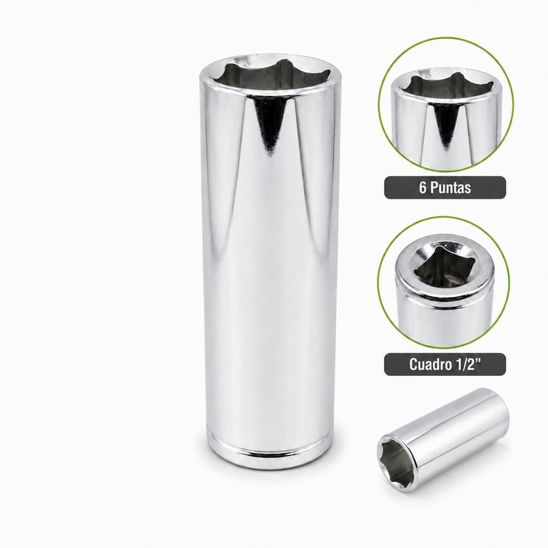 Chrome socket wrench with 6-point design and 1/2 inch drive, shown with close-up detail views