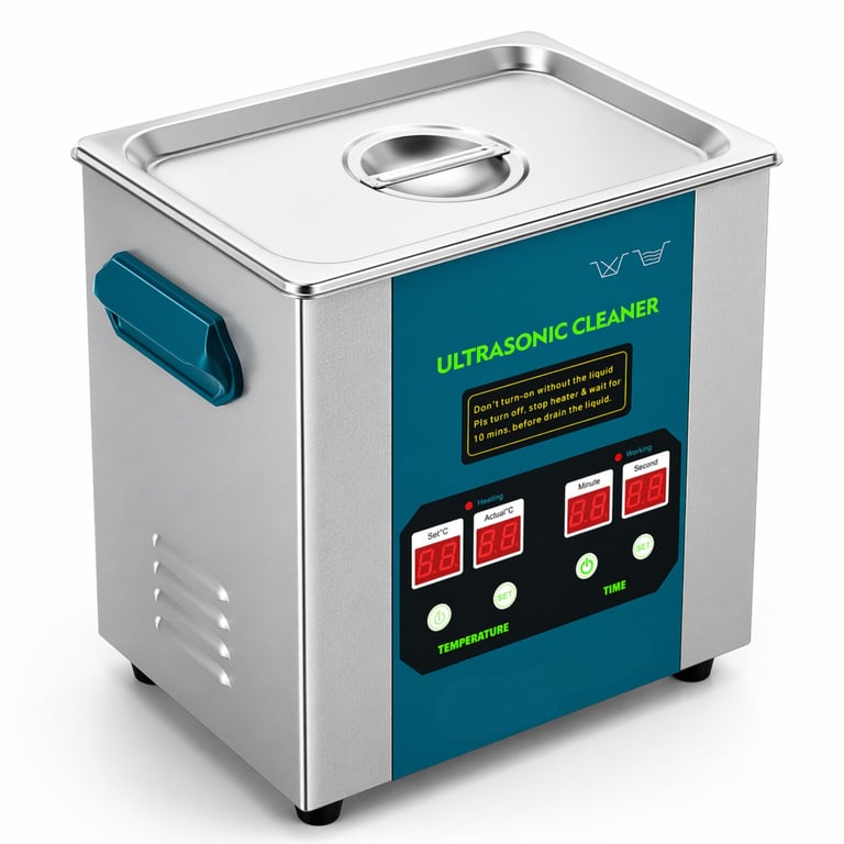 Limpiador ultrasónico con tanque de acero inoxidable y panel de control digital azul