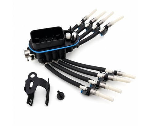 Black fuel injection system component with multiple white injector nozzles and cables attached, including mounting bracket and small parts