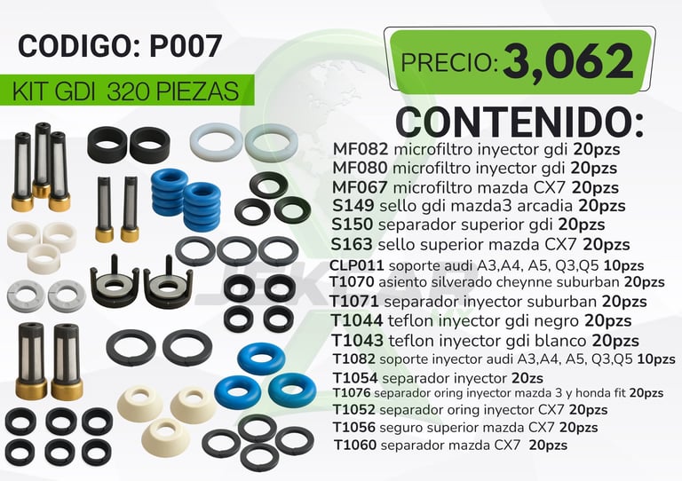 GDI 320-piece fuel injector kit P007 with various seals, springs, and components priced at 3,062