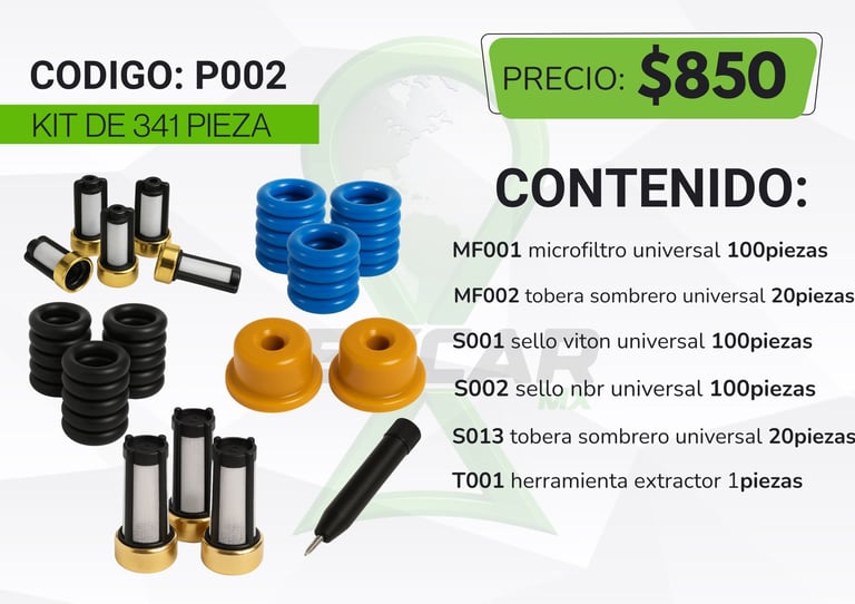 Codigo P002 kit de 341 piezas con herramientas para reparación a precio $850, incluye microfilters, tuercas sombrero y sello viton