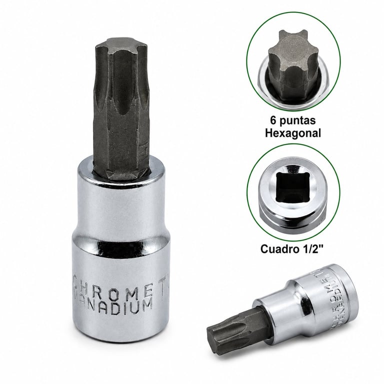 Chrome socket wrench bit set with 6-point hexagonal and 1/2 inch square drive bits displayed