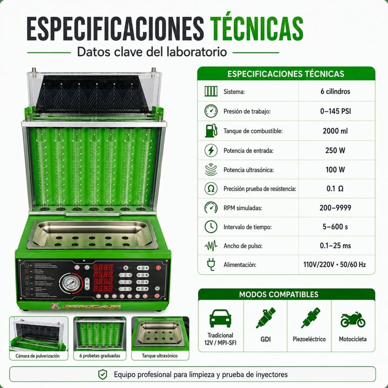 Green professional fuel injector cleaning and testing equipment with technical specifications chart showing 6-cylinder capacity and compatible modes.