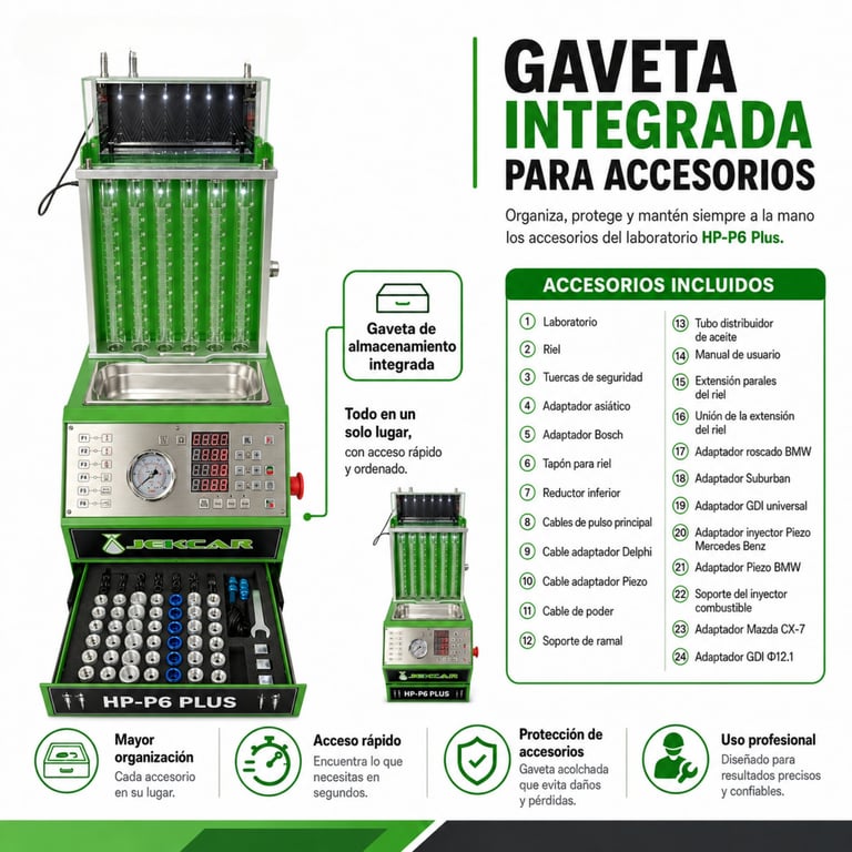 Green storage case with integrated compartments for laboratory accessories, showing internal organization and included tools and cables.