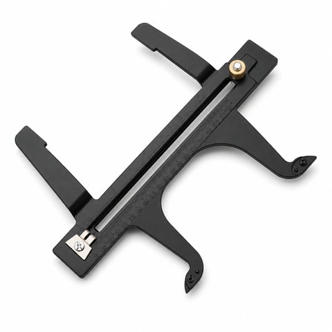 Black archery bow rest with adjustable arm and brass components on white background
