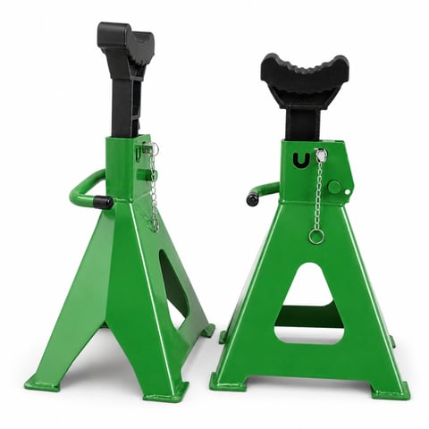 Pair of green and black adjustable jack stands with saddle supports for vehicle lifting and support