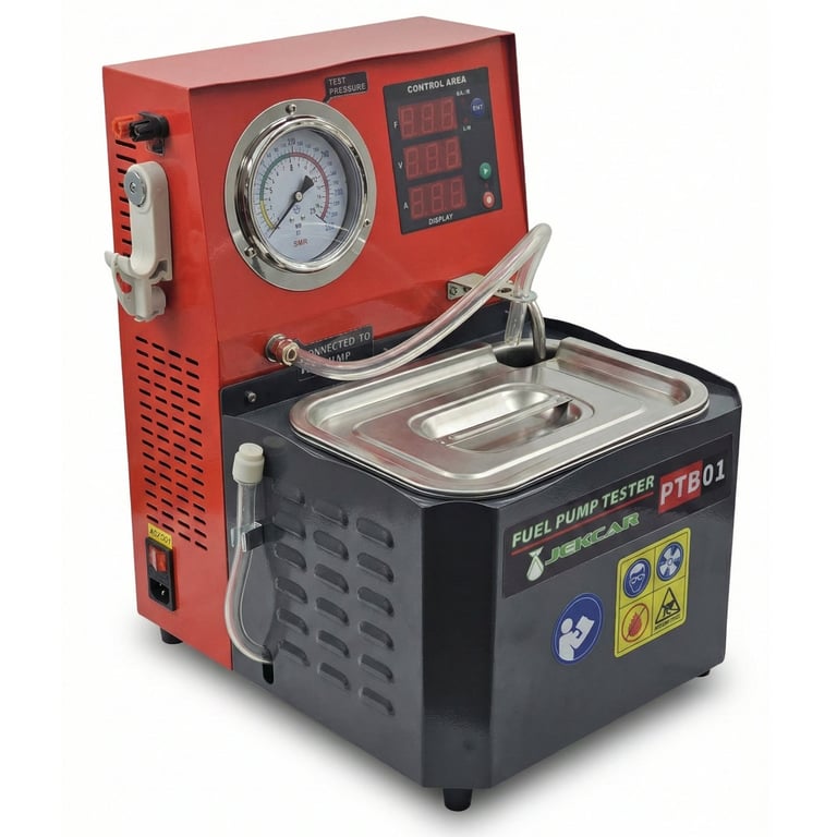 Red and black fuel pump tester machine with pressure gauge and digital display controls on white background