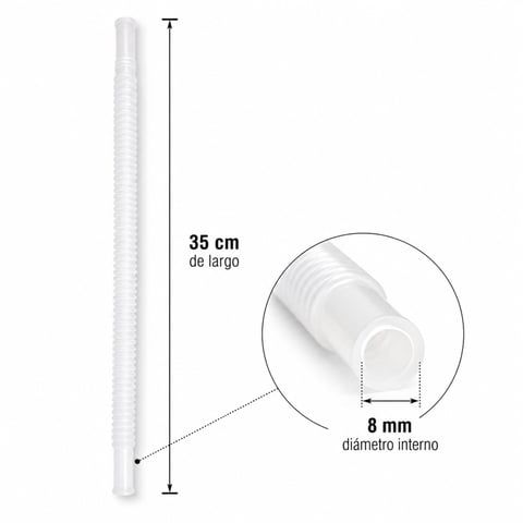 Clear plastic tube with 35 cm length and 8 mm inner diameter, shown full view and close-up detail