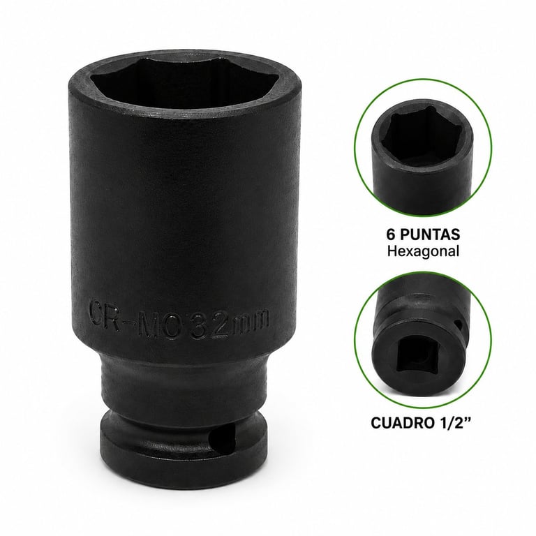 Black impact socket wrench with 6-point hexagonal and 1/2 inch square drive connection shown with close-up detail views