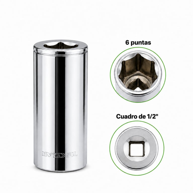 Chrome socket wrench with 6-point and 1/2-inch square drive, shown with detailed end views