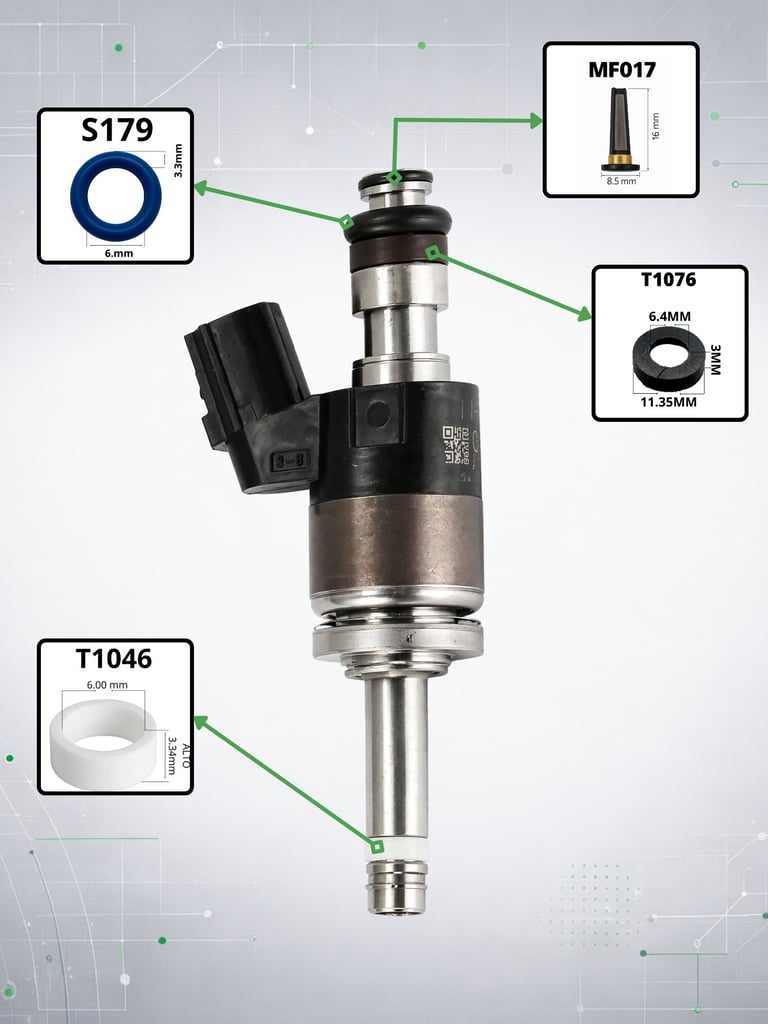 Technical diagram of a fuel injector with component callouts showing S179, MF017, T1076, and T1046 parts with dimensions