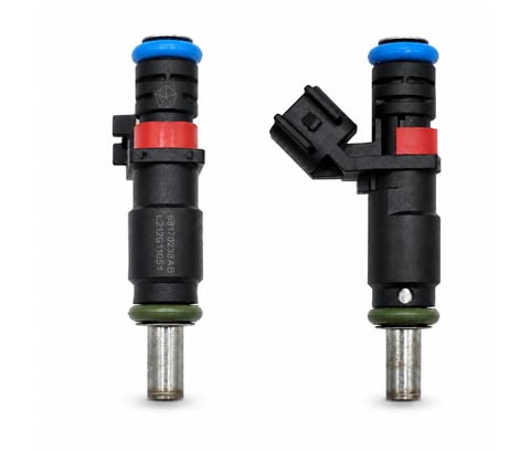 Two fuel injectors shown from front and side angles, featuring blue caps, black bodies with red bands, and metal tips